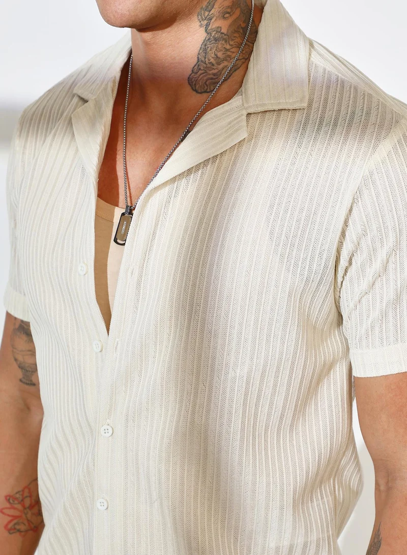 CAHOOT  Men's Cream White Ribbed-Striped Co-Ord Set For Casual Wear | Cuban Collar | Short Sleeve | Button Closure | Co-Ords Crafted With Comfort Fit For Everyday Wear for Men | Best Price UAE